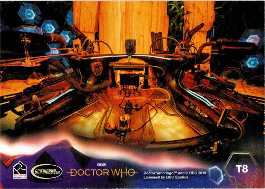 Steampunk-style console with glowing accents for 2022 Doctor Who Puzzle Insert Card