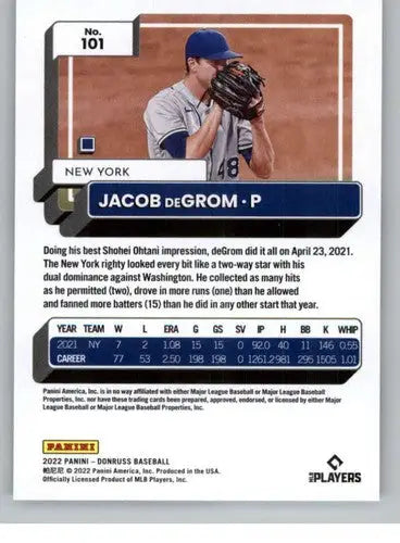 Baseball card of Jacob deGrom with original gloss from 2022 Donruss NM-MT Mets