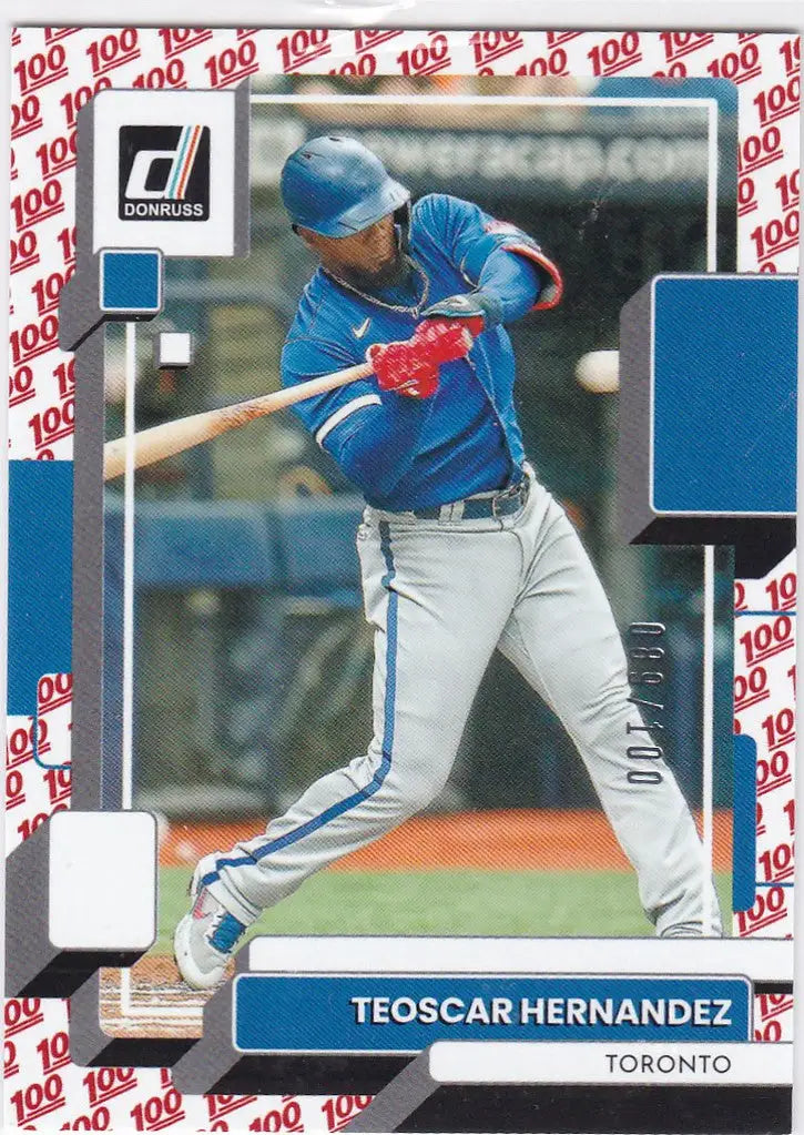 Baseball card of Teoscar Hernandez swinging for the Toronto Blue Jays collectible