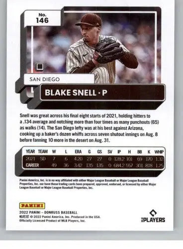 Blake Snell baseball card from 2022 Donruss with original gloss and Padres design