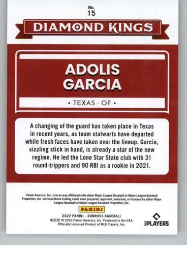 2022 Donruss #15 Adolis Garcia NM-MT Rangers Diamond Kings ID:45066 - Baseball Card Single
