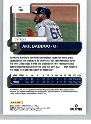 Original gloss baseball card of Akil Baddoo NM-MT from 2022 Donruss Tigers