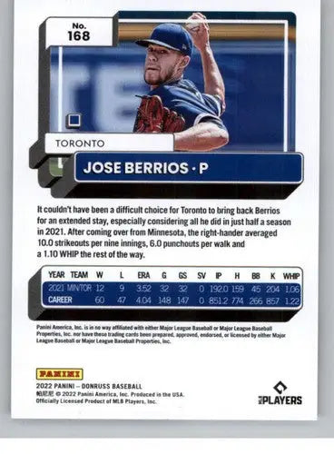Original gloss baseball card of Jose Berrios NM-MT from 2022 Donruss Blue Jays