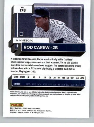 Rod Carew baseball card with original gloss, NM-MT condition from 2022 Donruss