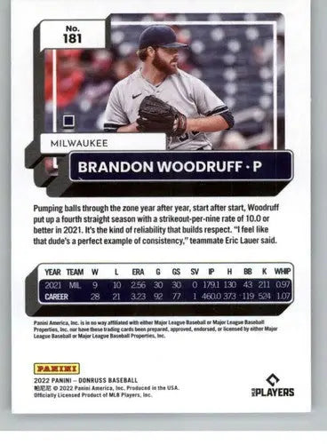 Brandon Woodruff baseball card with original gloss, 2022 Donruss NM-MT Brewers