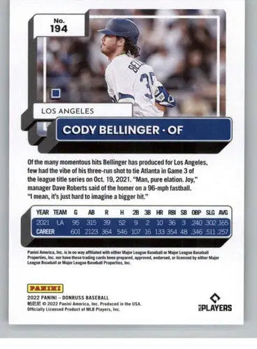 Original gloss Cody Bellinger baseball card 2022 Donruss NM-MT Dodgers ID 42312