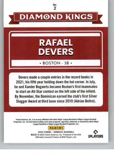 Rafael Devers baseball card from 2022 Donruss Diamond Kings with original gloss