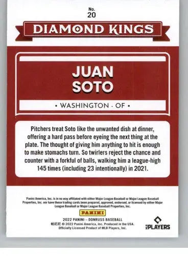 2022 Donruss #20 Juan Soto NM-MT Nationals Diamond Kings ID:42355 - Baseball Card Single