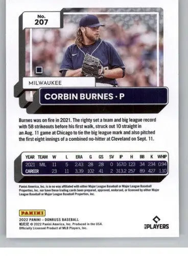 Original gloss Corbin Burnes baseball card from 2022 Donruss featuring Brewers ID 42318