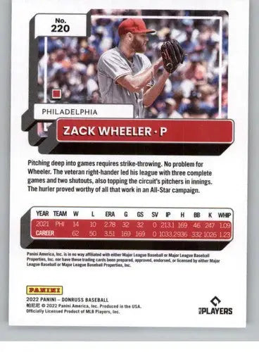 Baseball card featuring Zack Wheeler in original gloss, 2022 Donruss NM-MT Phillies