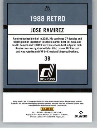 Baseball card back featuring Jose Ramirez with original gloss from 2022 Donruss #235