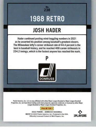Josh Hader baseball card featuring original gloss from 2022 Donruss Brewers Retro
