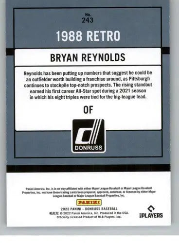 Original gloss Bryan Reynolds baseball card from 2022 Donruss Pirates Retro 1988