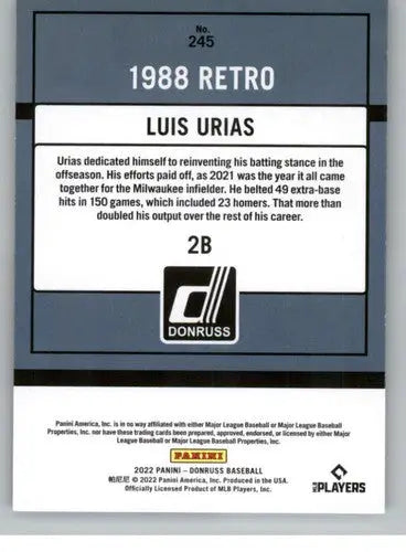 Luis Urias baseball card with original gloss from 2022 Donruss Luis Urias retro series