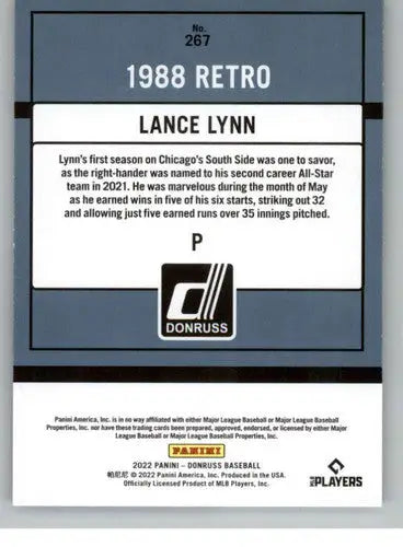 2022 Donruss Lance Lynn original gloss baseball card back featuring Retro 1988 design
