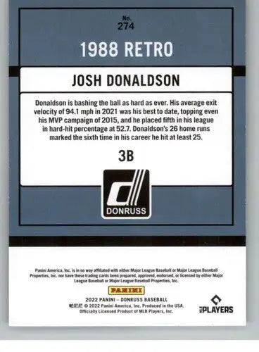 Josh Donaldson baseball card with original gloss from 2022 Donruss Twins Retro