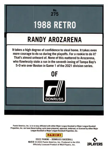 2022 Donruss #275 Randy Arozarena NM-MT Rays Retro 1988 ID:45096 - Baseball Card Single