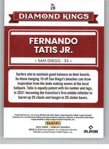 Fernando Tatis Jr baseball card from Diamond Kings 2022 Donruss with original gloss