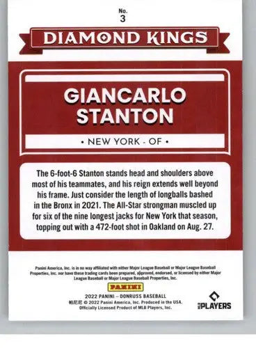 2022 Donruss #3 Giancarlo Stanton NM-MT Yankees Diamond Kings ID:45065 - Baseball Card Single