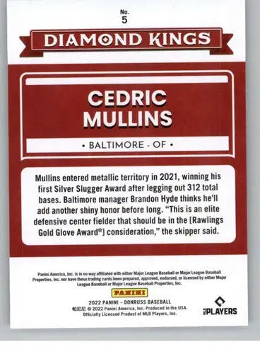 2022 Donruss #5 Cedric Mullins NM-MT Orioles Diamond Kings ID:42243 - Baseball Card Single