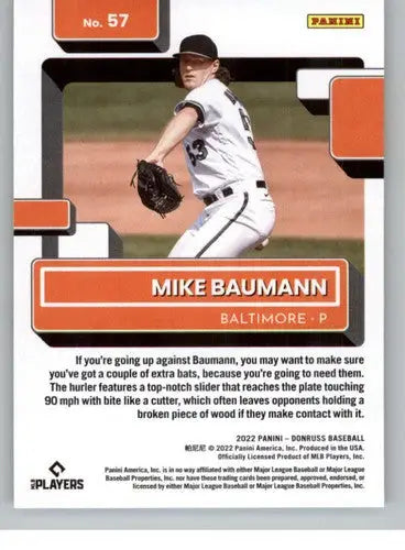 Baseball card of Mike Baumann rated rookie from 2022 Donruss ORIOLES with original gloss