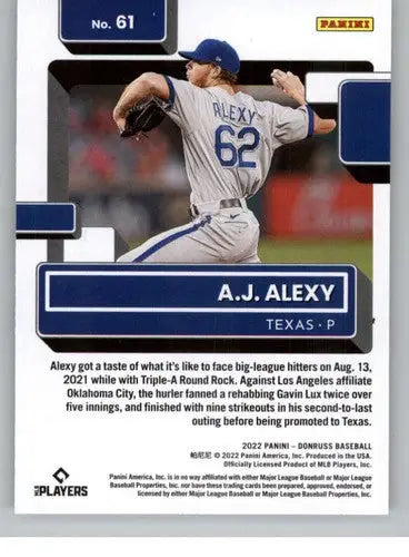 2022 Donruss A.J. Alexy rated rookies baseball card with original gloss Rangers NM-MT