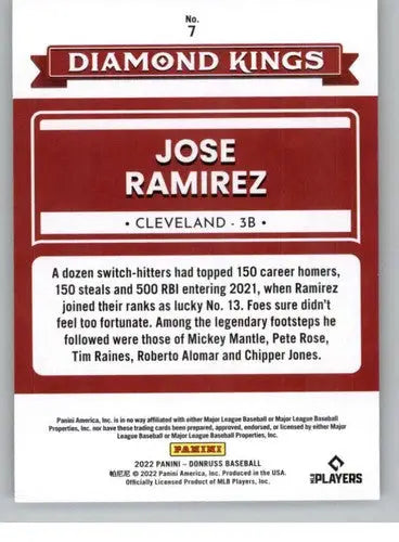 Jose Ramirez Diamond Kings baseball card with original gloss from 2022 Donruss series