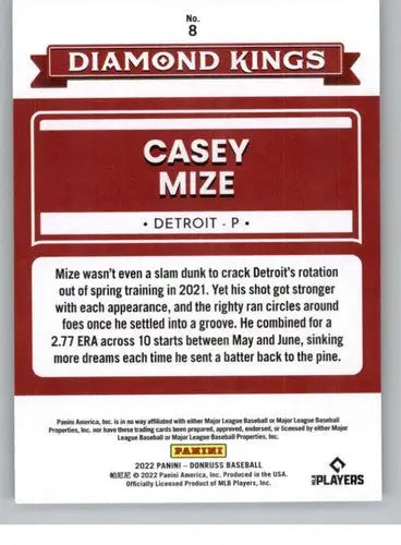 2022 Donruss Casey Mize baseball card from Tigers Diamond Kings with original gloss