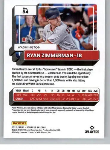 2022 Donruss Ryan Zimmerman baseball card with original gloss, NM-MT condition