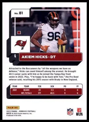 2022 Donruss Akiem Hicks 81 Tampa Bay Buccaneers - Football Card Single