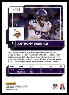 2022 Donruss Anthony Barr 108 Minnesota Vikings - Football Card Single