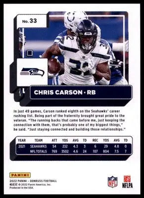 2022 Donruss Chris Carson 33 Seattle Seahawks - Football Card Single