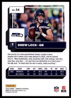 2022 Donruss Drew Lock 34 Seattle Seahawks - Football Card Single