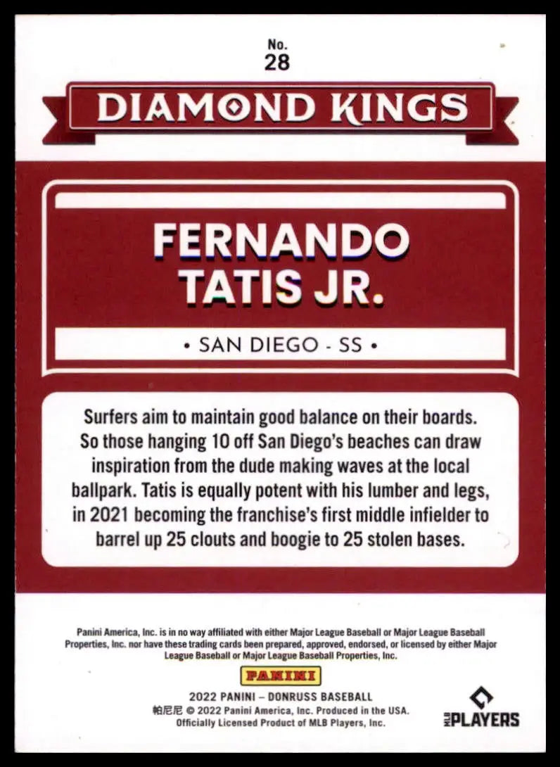 2022 Donruss - Holo Orange Fernando Tatis Jr. 28 San Diego Padres NM - Baseball Card Single