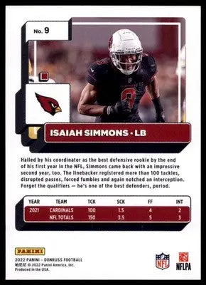 2022 Donruss Isaiah Simmons 9 Arizona Cardinals - Football Card Single
