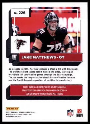2022 Donruss Jake Matthews 226 Atlanta Falcons - Football Card Single
