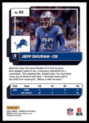 2022 Donruss Jeff Okudah 92 Detroit Lions - Football Card Single