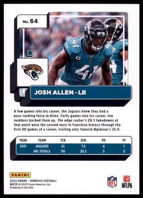 2022 Donruss Josh Allen 64 Jacksonville Jaguars - Football Card Single