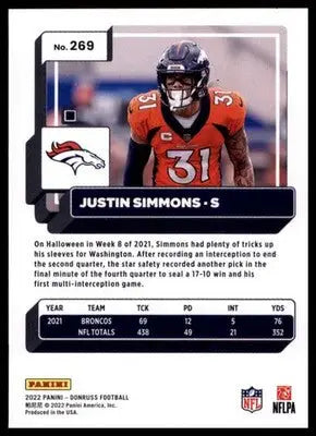 2022 Donruss Justin Simmons 269 Denver Broncos - Football Card Single