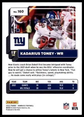 2022 Donruss Kadarius Toney 160 New York Giants - Football Card Single