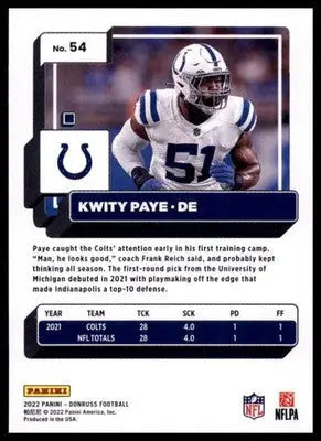 2022 Donruss Kwity Paye 54 Indianapolis Colts - Football Card Single