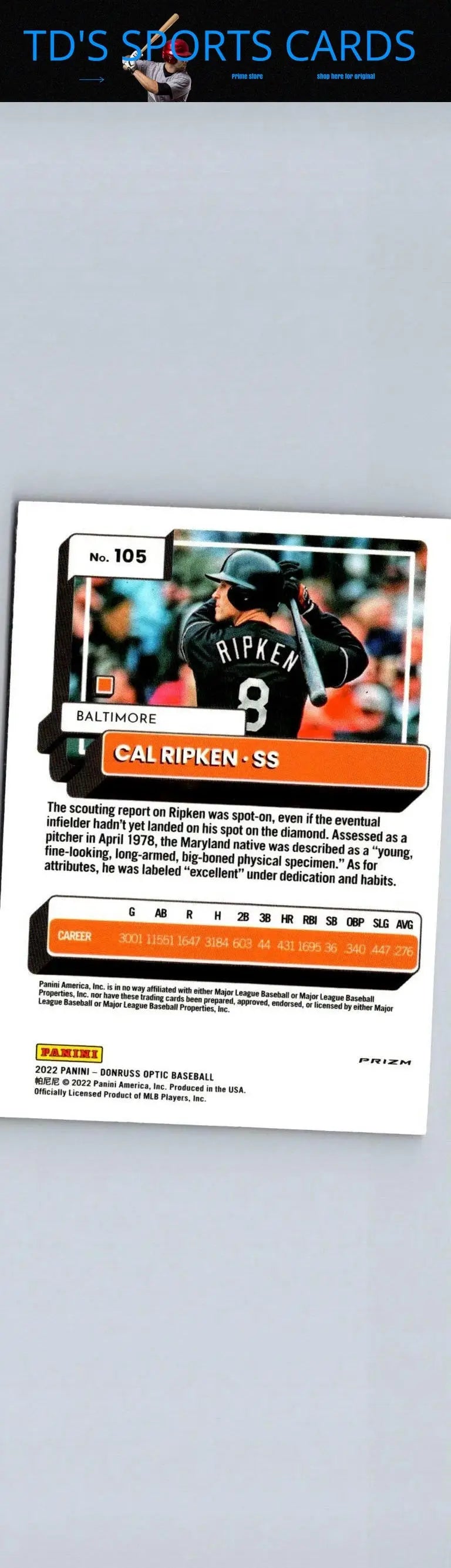 Cal Ripken Pink baseball card from 2022 Donruss Optic Ripken Pink Prizm