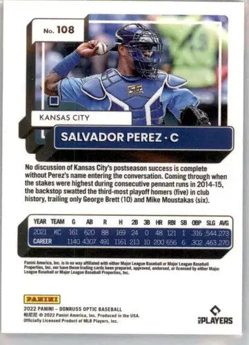Baseball trading card of Salvador Perez from 2022 Donruss Optic with original gloss