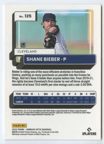 Original gloss Donruss Optic Shane Bieber baseball card from 2022 Donruss Optic series