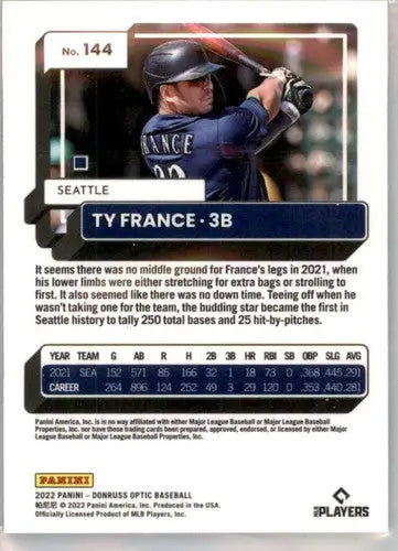 Original gloss Ty France baseball card from Donruss Optic featuring Simply Sandoval Mariners