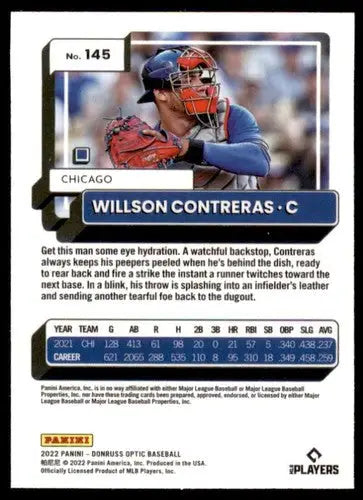 2022 Donruss Optic Willson Contreras baseball card with career stats and original gloss