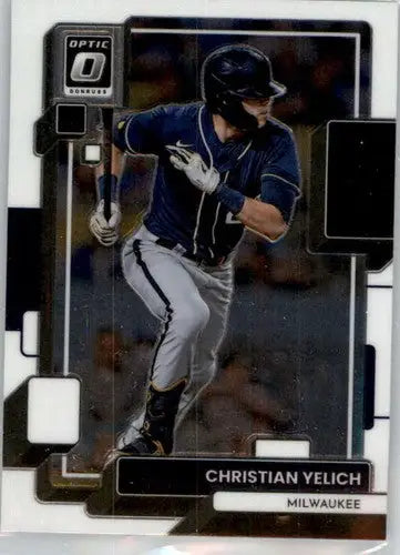 Baseball trading card featuring Christian Yelich of the Milwaukee Brewers from Donruss Optic with original gloss