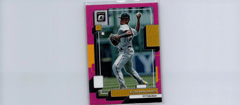 Baseball card featuring Ke’Bryan Hayes throwing a ball, Hayes Pink Prizm from Donruss Optic
