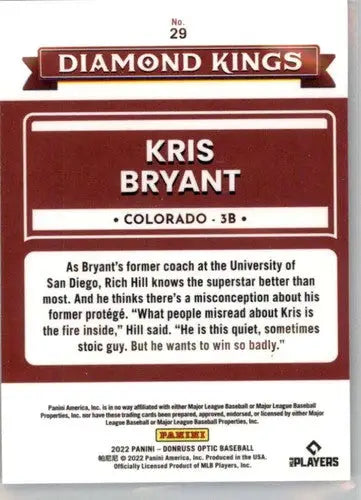 Original gloss Donruss Optic Kris Bryant baseball card featuring Rockies Diamond Kings