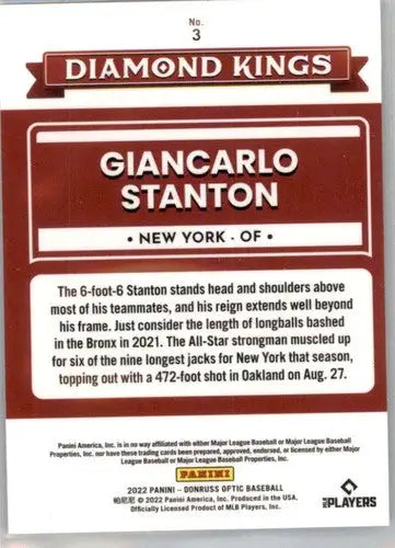 2022 Donruss Optic #3 Giancarlo Stanton NM-MT Yankees Diamond King ID:53400 - Baseball Card Single